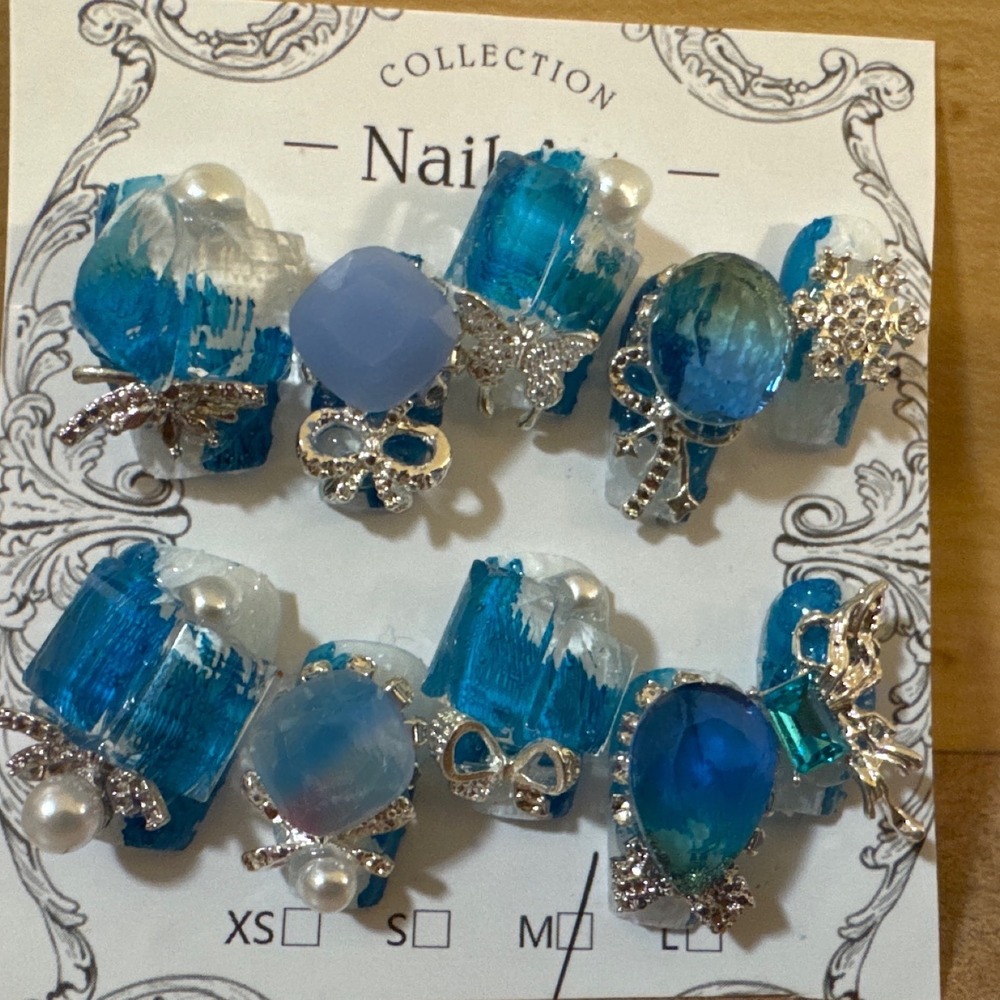Blue White 3D Press On Nails Butterfly Bow Snowflake Size M